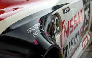 Tribute to Anne Morel on Nissan GT-R #35 at the Blancpain Endurance event, Nürburgring, Sept 2014. Photo: Nissan